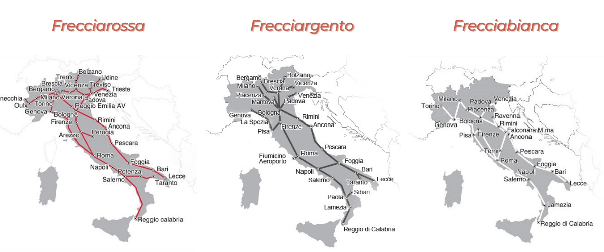 Rotas dos trens rápidos Frecciarossa, Frecciargento e Fracciabianca