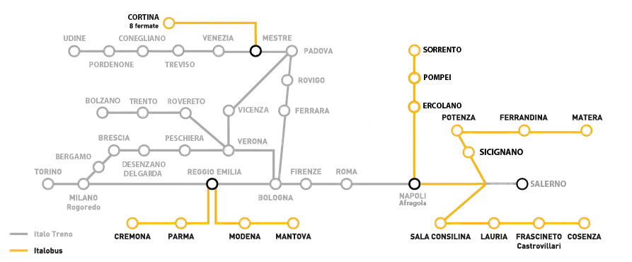 Mapa de rotas da Italo Treno + Italobus