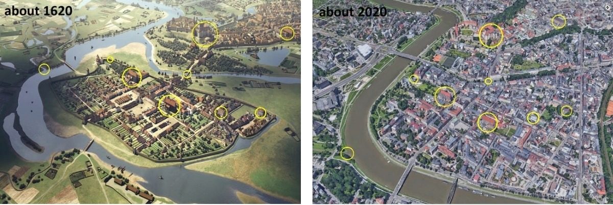 Antes e depois - mapa de Cracóvia