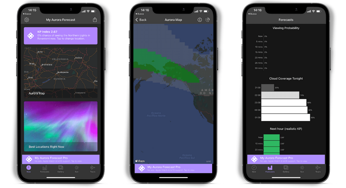 Telas de celulares mostrando como um aplicativo de monitoramento de Aurora Boreal funciona