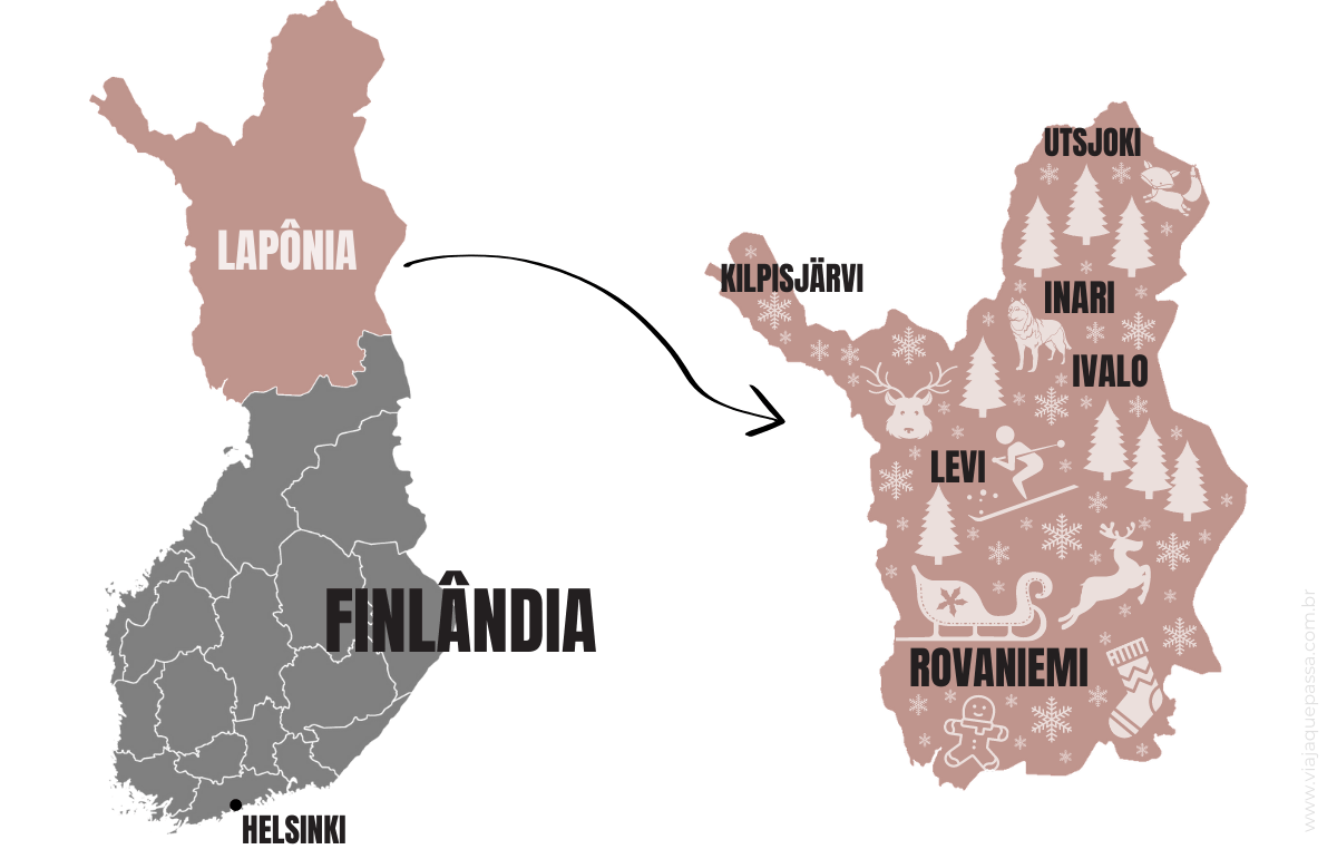 Ilustração com o mapa da Lapônia, na Finlândia