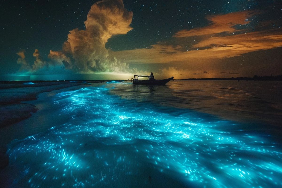Bioluminescência no mar de Holbox, no México