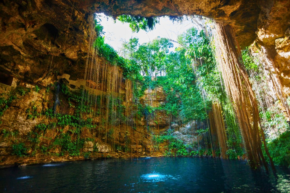 Cenote na Riviera Maia, no México, dentro de uma caverna e repleto de natureza ao redor