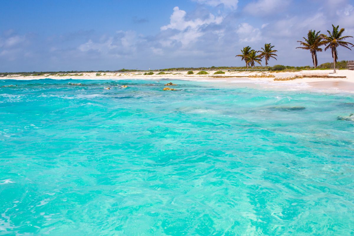 Praia deserta na ilha de Cozumel, no México, com mar azul claro e semi-transparente