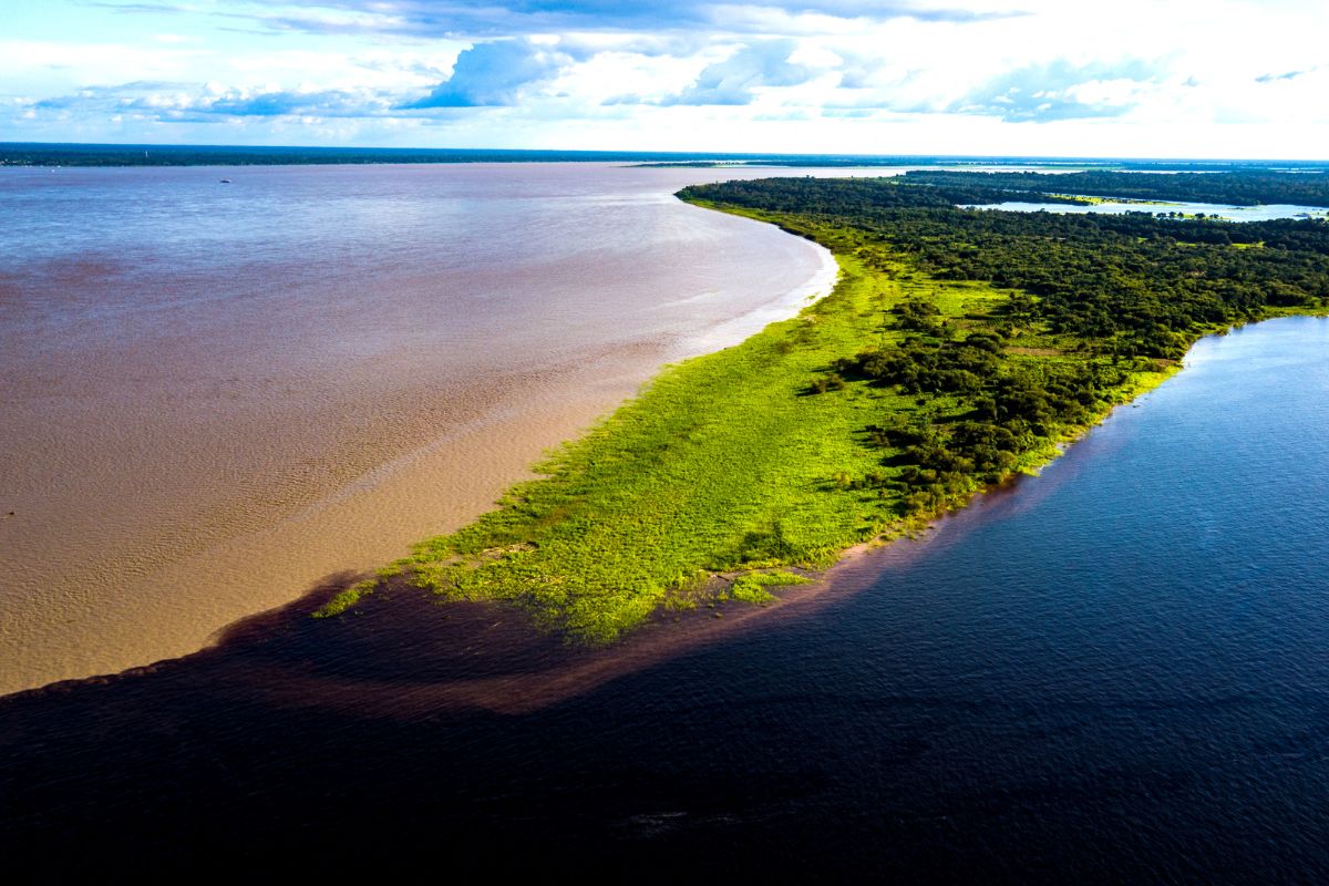 Imagem aérea do Encontro das Águas, na Amazônia