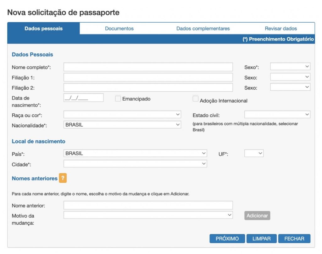 Formulário de solicitação de passaporte na Polícia Federal