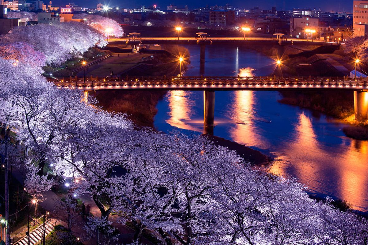 Panorama da cidade de Fukui à noite