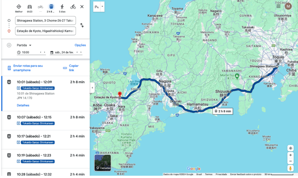 Simulação de trajeto no Japão usando o Google Maps