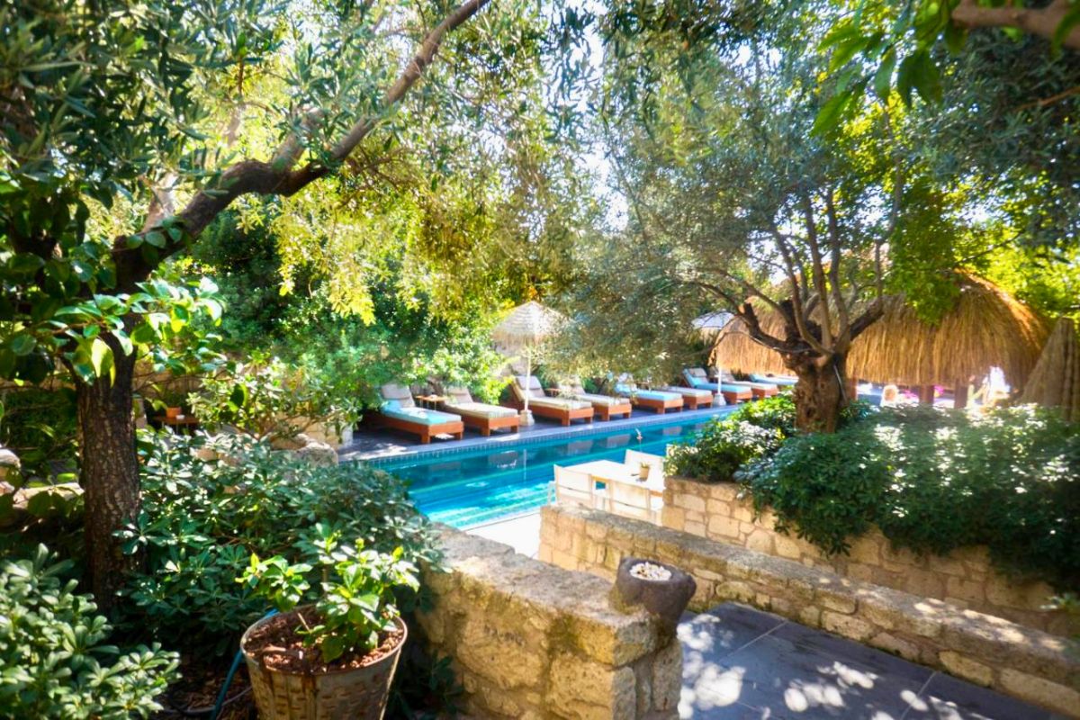 Piscina dentro de hotel em Alaçati cercado por natureza