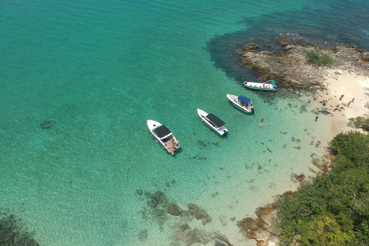 Imagem panorâmica de barcos turísticos em Angra dos Reis