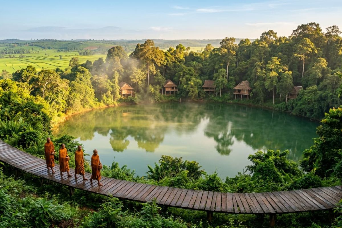 Imagem panorâmica do Lake Yeak Laom, no Camboja