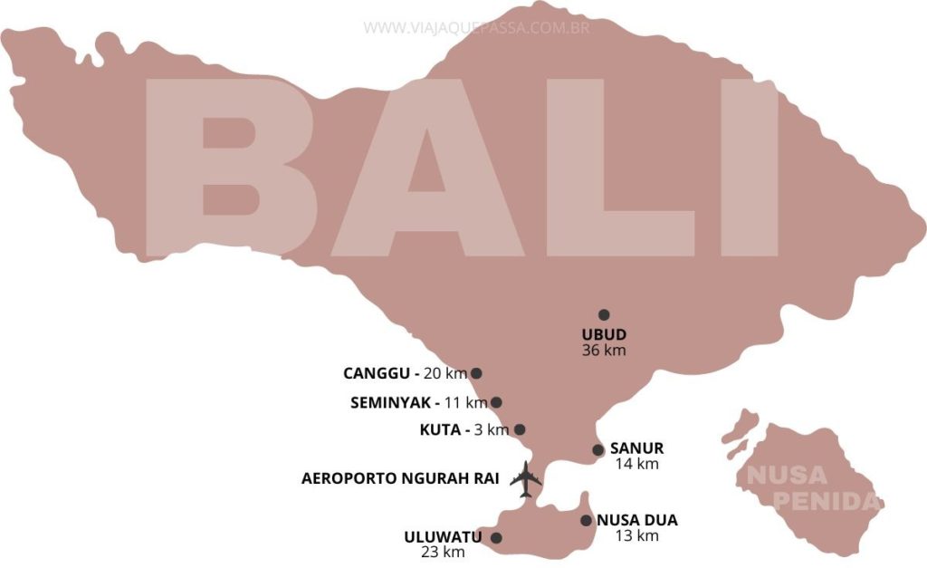 Mapa de Bali com as distâncias do Aeroporto Ngurah Rai