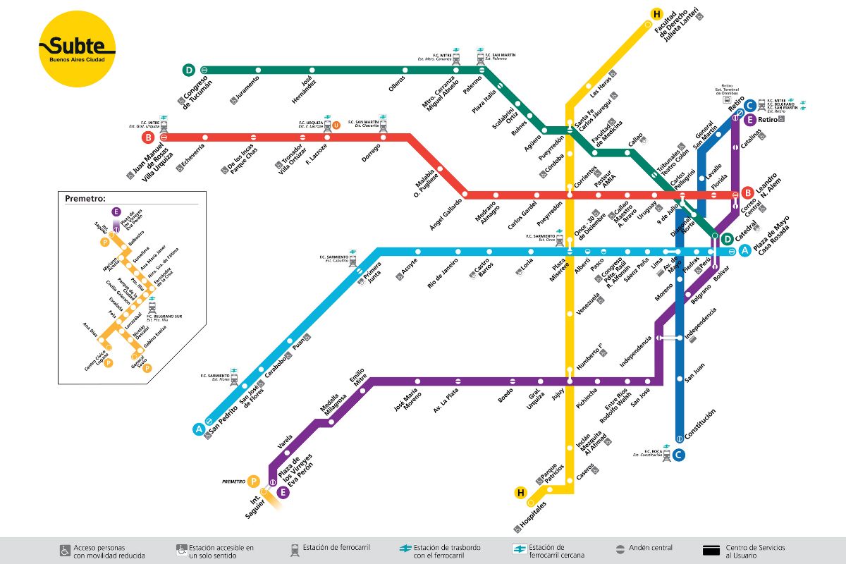 Mapa do metrô de Buenos Aires com nome das estações e suas seis linhas