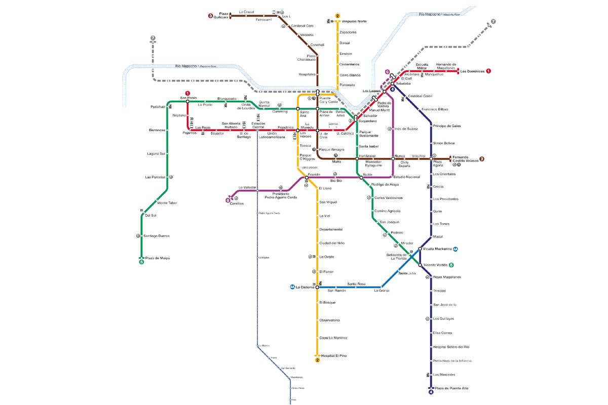 Mapa com as linhas de metrô da capital chilena separadas por cores