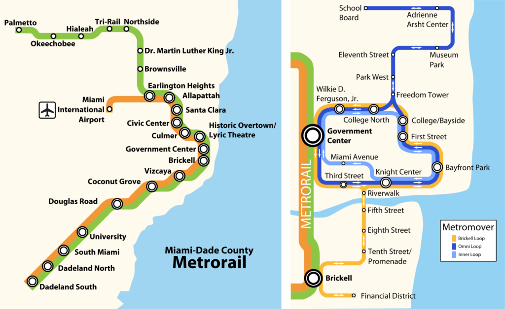 Mapa das linhas do Metrorail e do Metromover de Miami