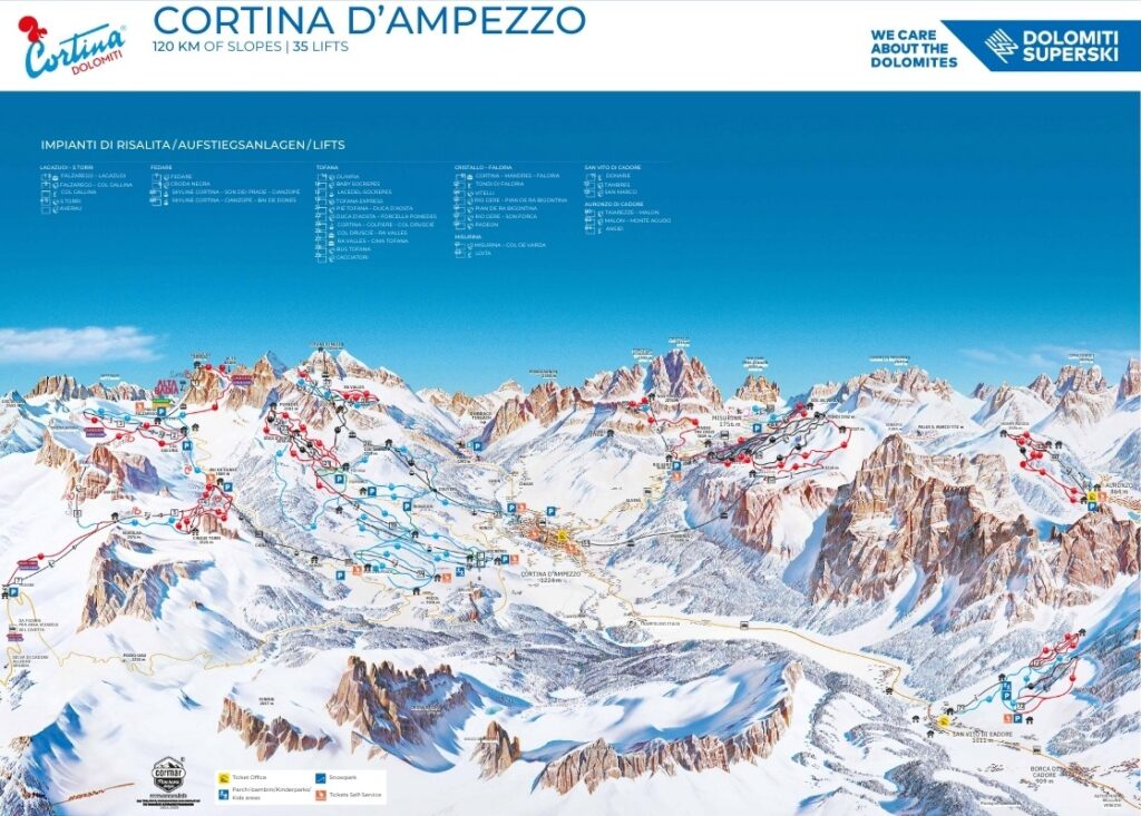 Mapa das pistas e teleféricos de Cortina d'Ampezzo
