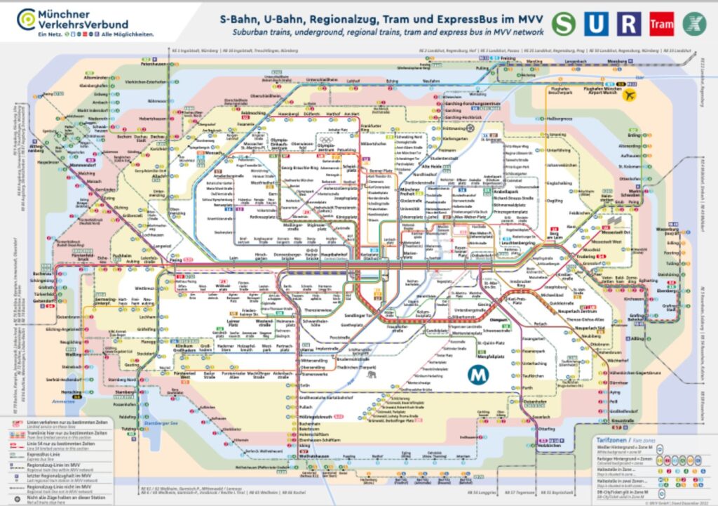 Mapa do transporte público e zonas tarifárias de Munique, na Alemanha