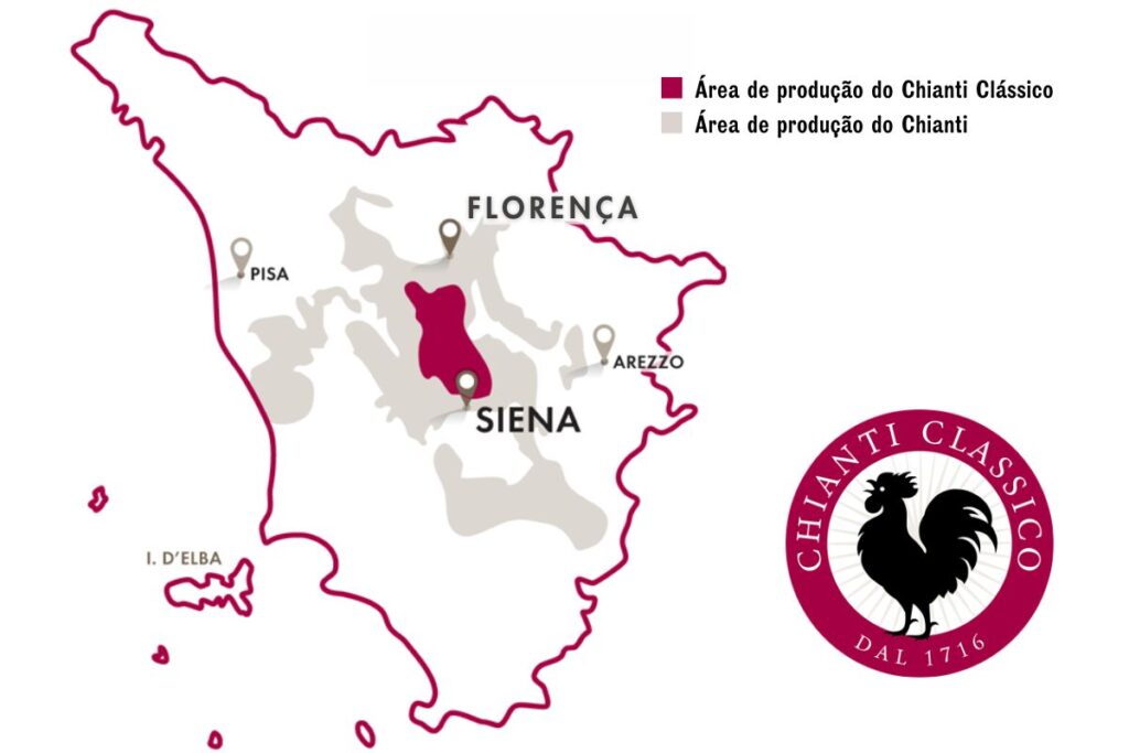 Mapa das áreas de produção dos vinhos Chianti e Chianti Clássico, na Toscana