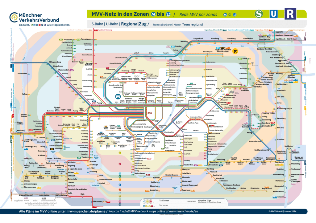 Mapa do transporte publico de Munique, com linhas e zonas tarifárias