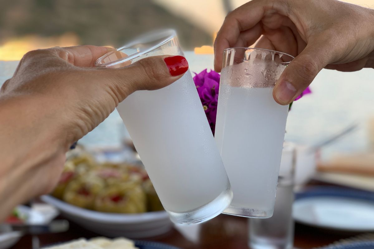 Brinde com raki, bebida típica da Albânia