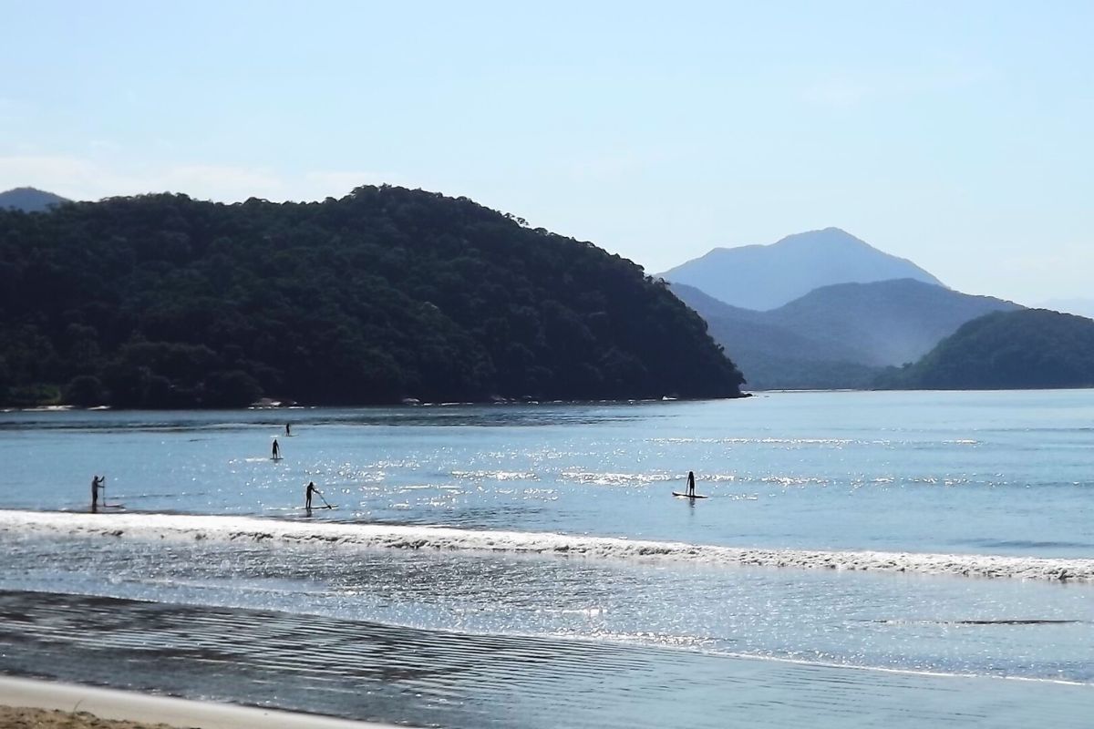 Pessoas praticando stand-up paddle no mar