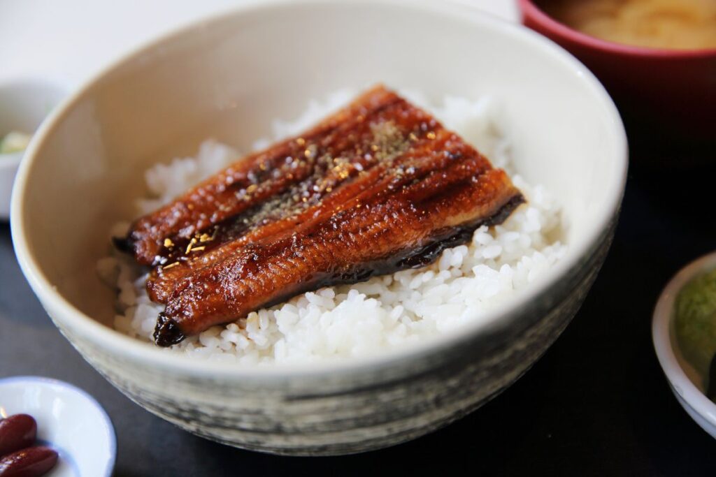 Unagi, ou enguia de água doce, servida sobre uma porção de arroz no Japão
