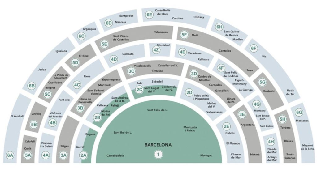 Mapa de zonas de transporte público da região metropolitana de Madri